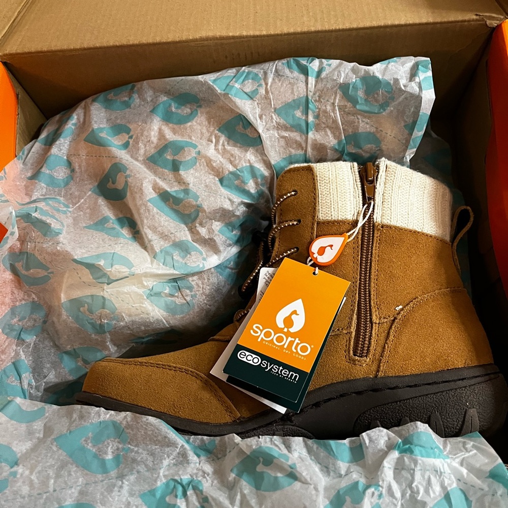 Sporto/BOHO NWT Suede Ankle Boots Camel color and Cream Knit Cuffs size 6.5 - Picture 10 of 10